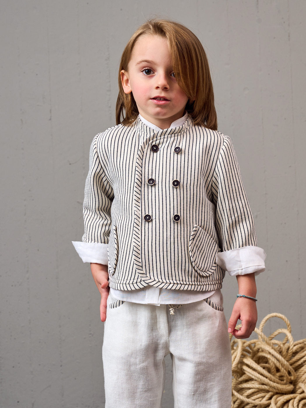 Baptism Linen outfit 5pcs with striped Jacket - KERT