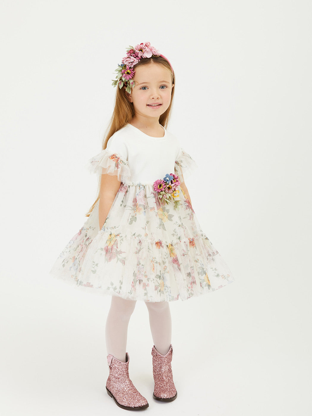 MONNALISA Floral tulle dress with bouquet