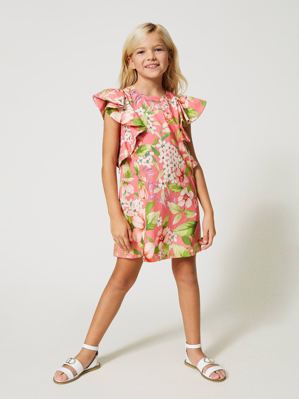 TWINSET Girl's Short floral poplin dress with maxi sleeves-231GJ2148
