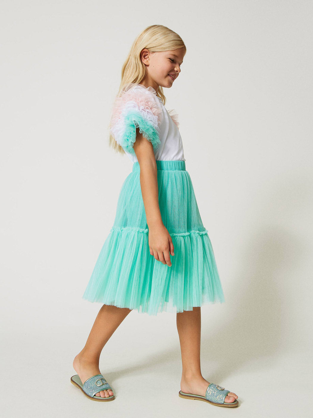 TWINSET Girl's Pleated tulle skirt with flounce-green-231GJ2Q94